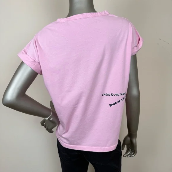 Zadig Voltaire XS Band of Sisters Rhinestone Pink Graphic Short Sleeve Boxy Tee - Picture 2 of 9